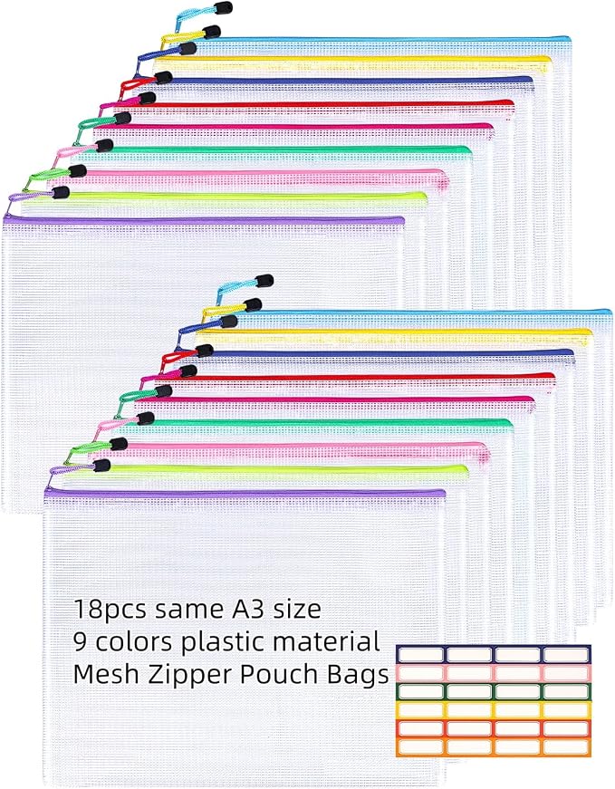 A3 Mesh Zipper Pouch Bags, 18pcs 9 Colors Zip Pouches, Zipper Pouch with Sticky Labels, Zipper Pouches for Classroom, Plastic Zipper Pouches