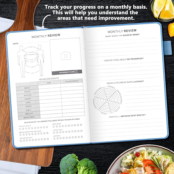JUBTIC Weekly Meal Planner Notebook, Food Journal Daily Meal Prep Journal with Shopping and Grocery Lists for Food Planning Menu Planning Healthy Diet or Weight Loss Tracking, Undated, A5, Light Blue