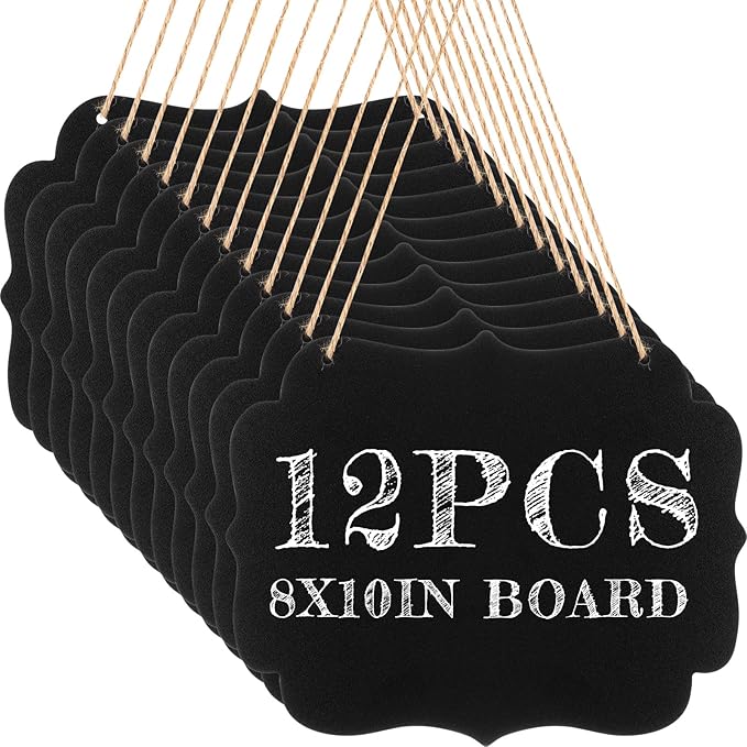 Qilery 12 Pieces 8 x 10 Inch Double Sided Hanging Chalkboard Signs Back to School Bulk Hanging Signs Message Board Black Wooden Chalkboard for Kitchen Wedding Party Decorations (Vintage)