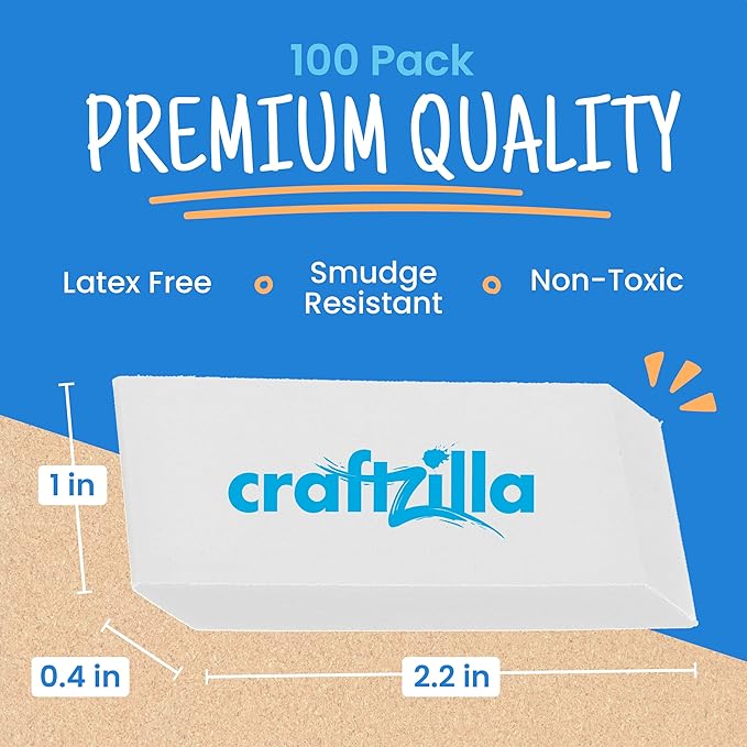Craftzilla White Erasers Bulk 100 Pack - Large Latex- Free Bulk Erasers for Kids, Classroom, and School Supplies - Ideal for Pencils and Drawing - Borradores Escolares