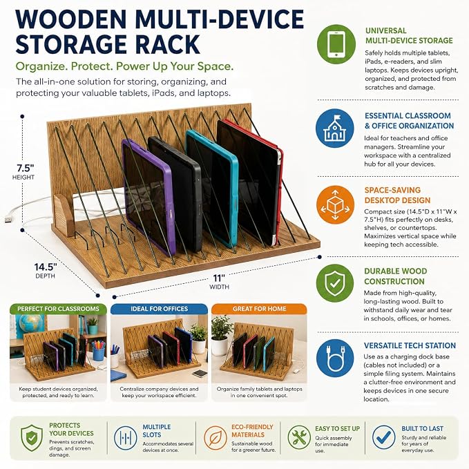 Fun Express Wooden Storage Rack & Charging Station Organizer – Multi-Device Holder for Classroom, Office, or Home – School Supply Organizer for iPads, Tablets & Laptops – 14.5 x 11 x 7.5 Inches
