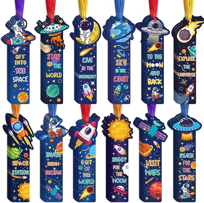 120 Pcs Space Bookmarks Bulk Planet Rocket Space Ship Theme Bookmarks Outer Space Inspirational Quotes Cards Valentines Gifts for Classroom Office Birthday Party Prizes Favors