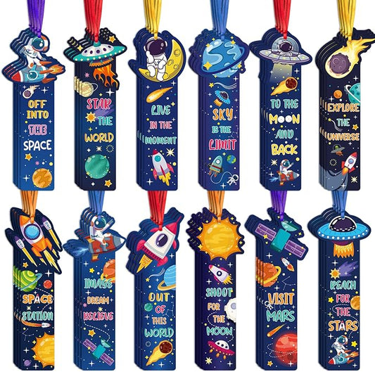 120 Pcs Space Bookmarks Bulk Planet Rocket Space Ship Theme Bookmarks Outer Space Inspirational Quotes Cards Valentines Gifts for Classroom Office Birthday Party Prizes Favors