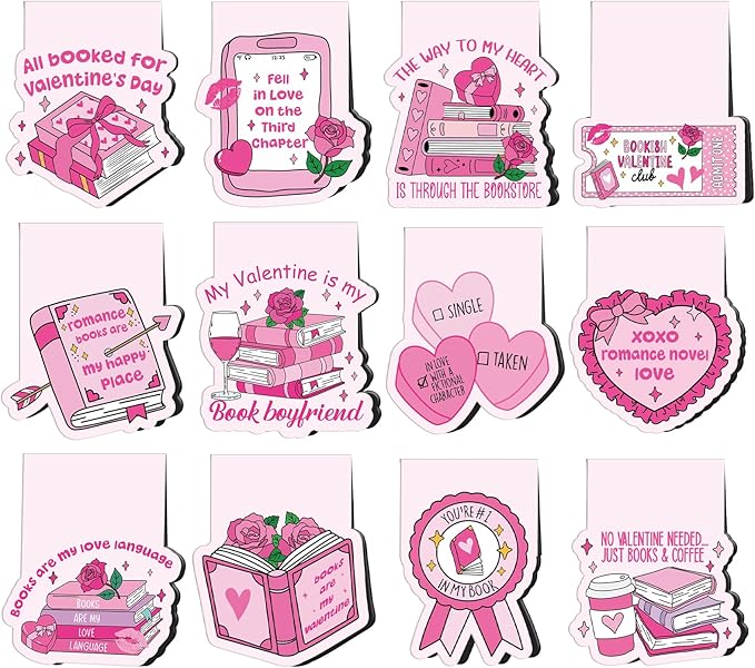 Valentine's Day Magnetic Bookmarks Gifts - Wxiben 12 Pcs Lover Heart Bookmarks for Reading Valentine Romance Book Mark Magnets Page Clips Gift for Book Lover Women Men Students Teachers Bookish