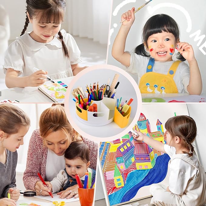 360 Rotating Art Supply Organizer Caddy for Kids - Crayon & Marker Storage, Pencil Holder for Desk - Yellow