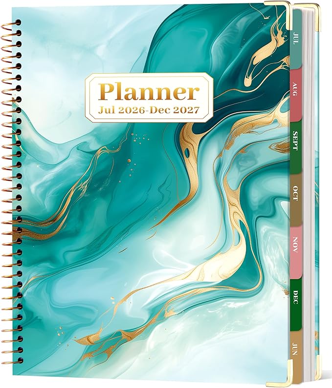 CAGIE Planner 2026-2027, 18 Month Weekly and Monthly Planner, Marble Design Calendar with Tabs, Jul 2026–Dec 2027, Large 8.5" x 11" A4 Hardcover Spiral Agenda Planner for Home, Work, School and Teacher (Green）