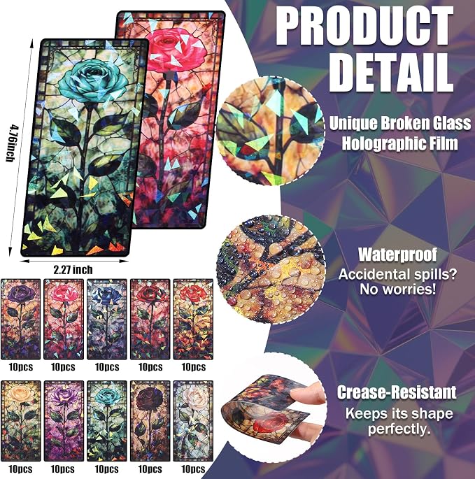 Gersoniel 200pcs Holographic Stained Glass Rose Bookmark Floral Laminated Stained Glass Flower Bookmark Gifts Art Plant Book Mark Page Clips Gifts for Bookish