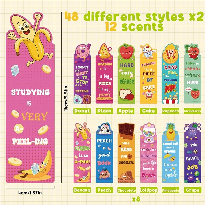 96PCS Scented Bookmarks Scratch and Sniff Bookmark Bulk Paper Bookmarks for Kids Adults Women Students Readers Book Lovers Gifts, 48 Styles Fun Cute Bookmark Inspirational Book Marks with Pun Quotes
