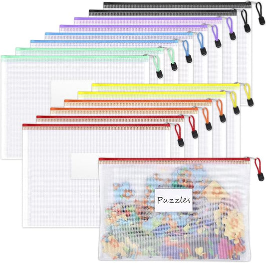 Sooez 14 Pack Mesh Zipper Pouch Bags, A4 Letter Size, Zipper Bags with Label Pocket, Waterproof Bag for Classroom Organizer, School Office Teacher Supplies, Storage Pouches for Board Game Toy Storage