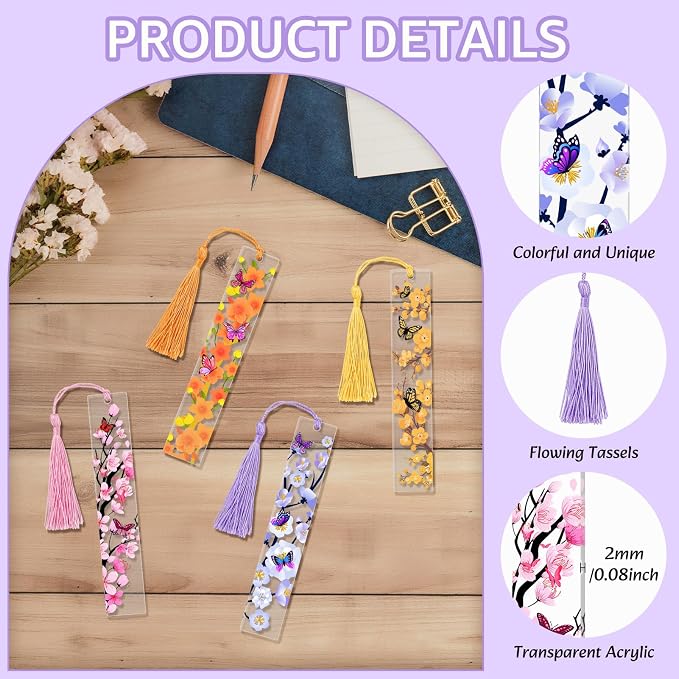 4pcs Pressed Flower Bookmarks, Transparent Acrylic Bookmark with Tassels, Butterfly Flower Theme Book Marks for Reading Women, Cute Book Marking Accessories Gift for Books Lovers(4 Colors)
