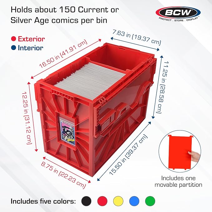 BCW Short Comic Book Bin 5 Pack – Assorted Colors | Comic Book Storage Box Set | Plastic Comic Organizer | Heavy Duty Acid-Free Bin with Partitions