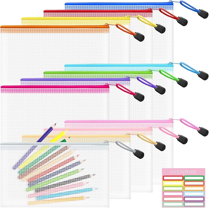 12pcs Mesh Zipper Pouch Bags Small, 8.2x4.6 Inches Zipper Pencil Bags, 12 Colors Pencil Pouch Bulk, Reusable Pencil Bags for Office Supplies and Travel Storage