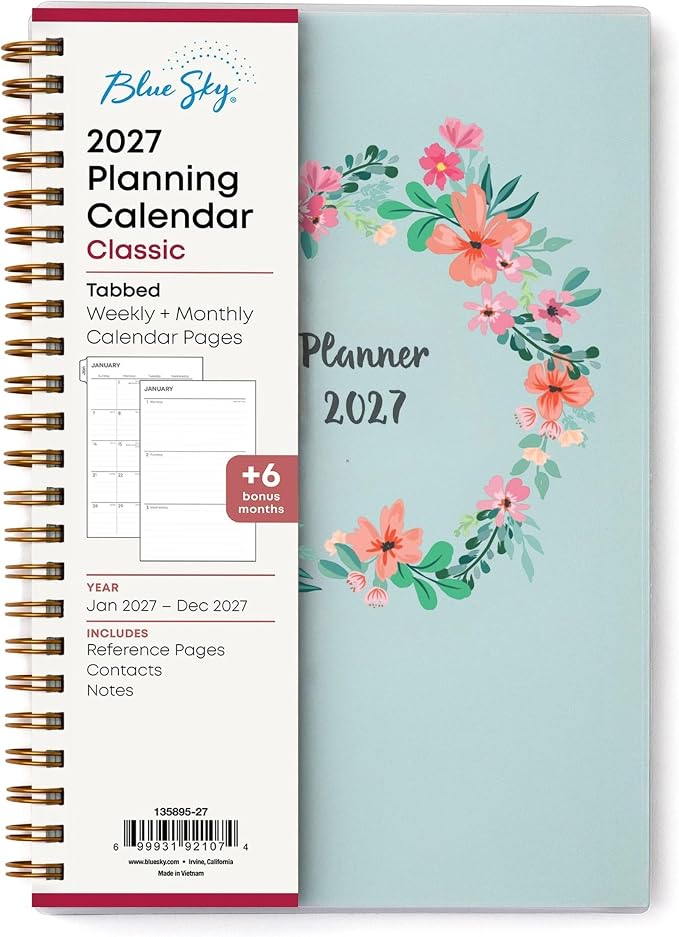 Blue Sky 2027 Weekly and Monthly Planner Calendar, January 2027 - December 2027, 5" x 8", Flexible Frosted Cover, Laminated Tabs, Durable Twin Wire Binding, Laurel