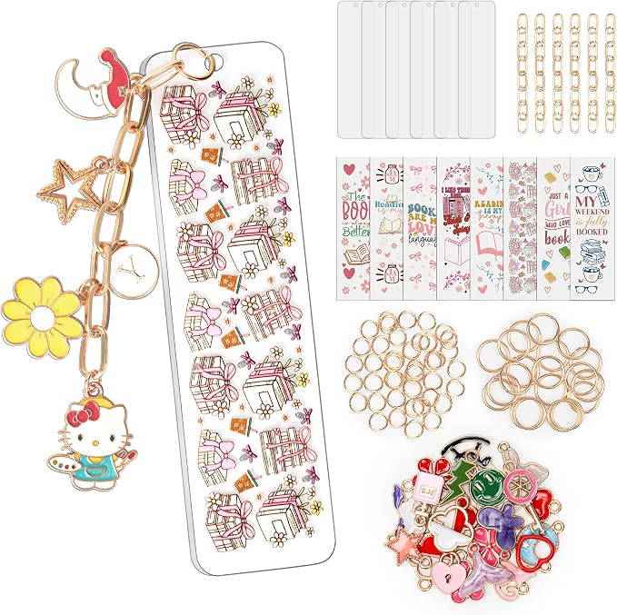 100 Pcs Book Acrylic Bookmark Blanks(2mm) Thicken 6 DIY Bookmark Making 8 Book UV DTF Sticker 20 Charms 6 Extender Chains and 60 Jump Ring Suitable for DIY Crafts Gifts