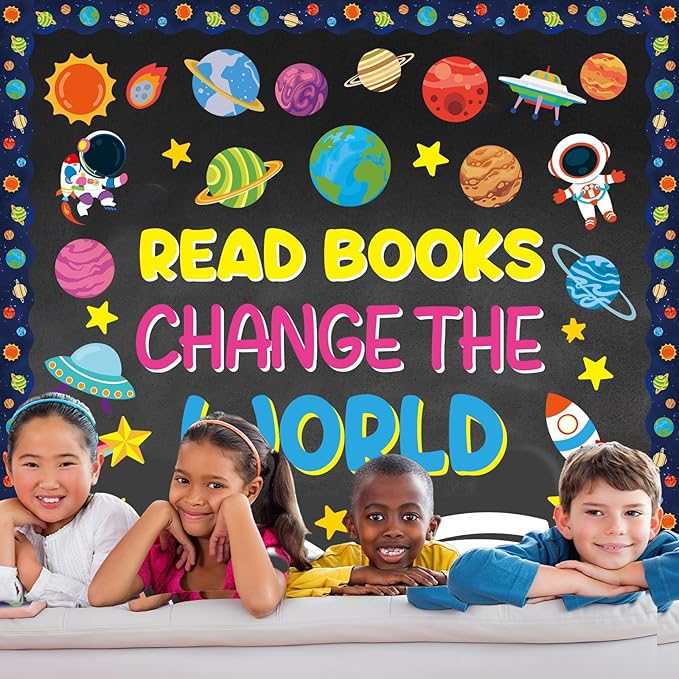 Outer Space Bulletin Board Set Read Books Change The World Classroom Decoration Motivational Astronaut Rocket Spacecraft Planet Paper Cutout for Back to School Nursery Library Door Wall Decor Supplies