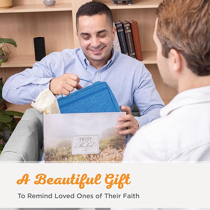Christian Art Gifts Polyester Bible Cover for Men & Women w/Jesus Fish Patch, Zipper Pocket, Pen Loops, Easy Carry Book Case for Stationery, Accessories, Light Blue, XL