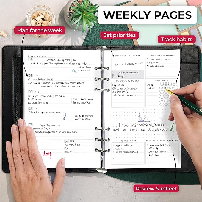 Clever Fox Weekly Planner Binder Refills – 12-Month Planner Page Refill Set - Planner for Time Management & Weekly Tasks – Work & Life Organizer with To Do List – Undated A5 Pages