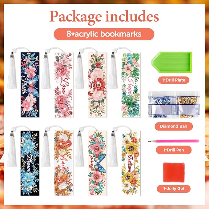 8 Pieces Christian Bible Verse Diamond Art Bookmarks 5d Christian Beaded Bookmark Acrylic Tassel Bookmark for DIY Making Beginners Adults Arts Craft Supplies (Floral-2)
