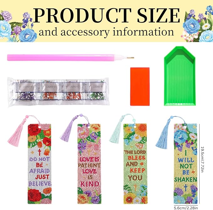 4 Pcs Flower Diamond Painting Bookmark for Books, Journals, Planners｜DIY Diamond Art Kits for Reading Women & Men｜Beautiful Book Marks Gifts for Book Lovers｜Reading Accessories for Adults & Kids