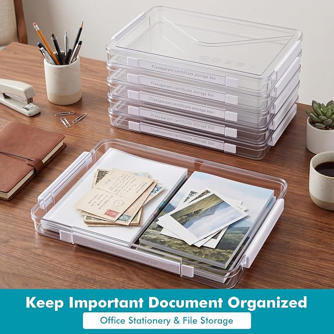 Novabright 5 Pack Clear Plastic File Boxes with Handle Portable Project Case Paper Storage Bin with Lid Transparent Stackable Container Document Magazine Protector for A4 Paper Photo Craft Scrapbook