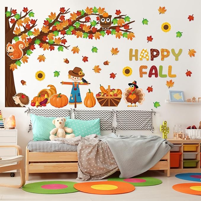 Fall Tree Bulletin Board Decorations for Classroom,Fall Autumn Thanksgiving Classroom Decorations with Big Tree Pumpkin Maple Leaf Turkey Scarecrow Cutout for School Home Chalkboard Wall Decor 136PCS