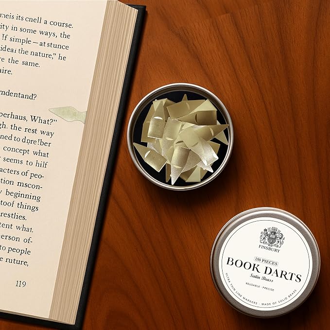 Gold Book Darts Line Markers with Protective Tin - Precision Mini Book Mark Page Markers for Reading and Study - Reusable & Archival Quality (Brass, 150)