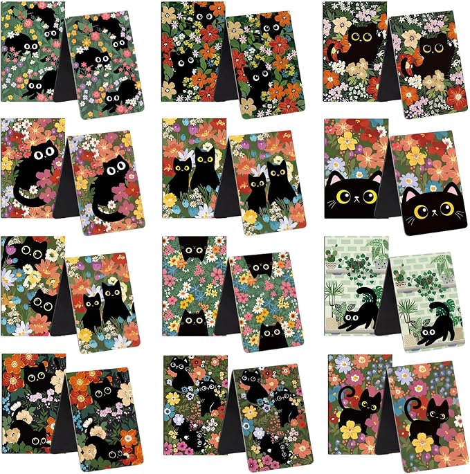 Pasimy 24 Pcs Teacher Bookmark Appreciation Gift Magnetic Bookmarks Bulk Double Side Page Marks Cute Magnet Page Clips for Teachers Reading Graduation Gift Classroom Office School (Black Cat)