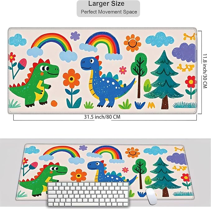 Mouse Pad Gaming Mousepad 31.5x11.8 Inch XXL Large + Coasters,Desk Mat with Stitched Edges, Non-Slip Rubber Base, Thick Mouse Pad for Computer, Laptop, Office & Home - Cartoon Dinosaur