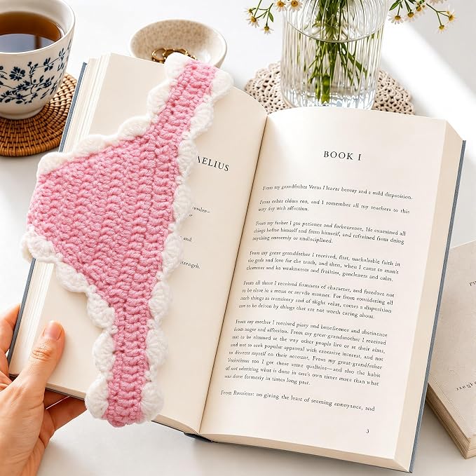 Crochet Bikini Bookmarks for Women, Underwear Shaped Bookmark | Handmade, Page Holder, Bookish Gift for Book Lovers, Soft Stretchy Acrylic Yarn, Light Pink