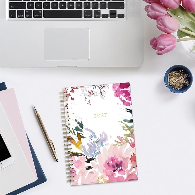 Blue Sky Kelly Ventura 2027 Weekly and Monthly Planner Calendar, January 2027 - December 2027, 5" x 8", Flexible Cover, Laminated Tabs, Durable Twin Wire Binding, Storage Pocket, Includes Sticker Sheet, Magenta Blooms