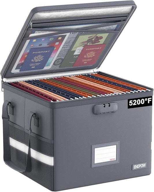 ENGPOW 5200°F File Box Fireproof Document Box with Lock,Heat Insulated Collapsible File Storage Organizer Box with Handle,Portable Home Office File Cabinet for Hanging Letter/Legal Size Folder, Gray