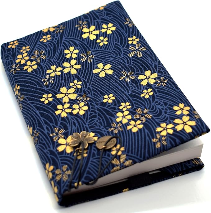 BLBMH A6 Book Cover 4x6 | Non-Stretch Fabric Sleeve with Bookmark | Handmade Washable Protector for Paperback Journal Bible Notebook | Gift for Women Readers - Blue Sakura
