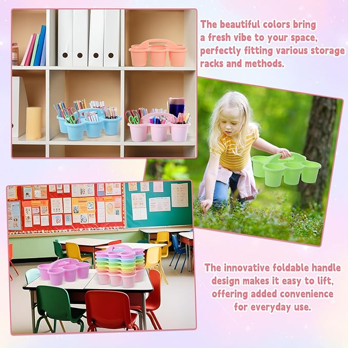 6 Pack Classroom Caddy Organizer with Handle Pastel Plastic Table Caddy Drink Cup Caddies Holder 12x9x3.5 Inches Storage School Supplies 6 Compartments for Table Crayon Pencil Cup Marker Craft