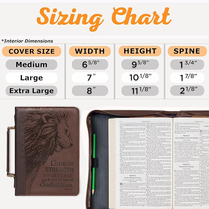 Christian Art Gifts Men's Classic Bible Cover The Lord is My Strength Lion Exodus 15:2, Brown Faux Leather, Medium