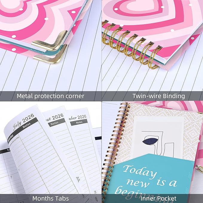 2026 Planner, Jan.2026 - Dec.2026 Planner Weekly and Monthly 6.25"x8.5" with Page Tabs, Calendar Hardcover with Inner Pocket, Elastic Band, Twin-Wire Binding, Bookmark, Pink Big Heart