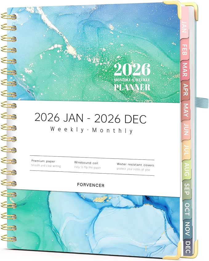 Forvencer 2026 Planner, Weekly and Monthly Calendar Planner for Women, Jan 2026 - Dec 2026, 8.5" x 11", Hardcover Planning Agenda book with Monthly Tabs, Spiral Bound, Inner Pocket, Cute Journal Organizer Notebook for Office School, A4 Size, Green
