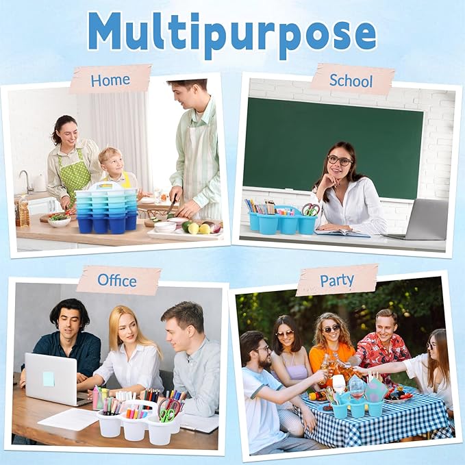 6 Pack Classroom Caddy Organizer with Handle Gradient Blue Plastic Table Caddy Drink Cup Caddies Holder 12x9x3.5 Inches Storage School Supplies 6 Compartments for Table Crayon Pencil Cup Marker Craft