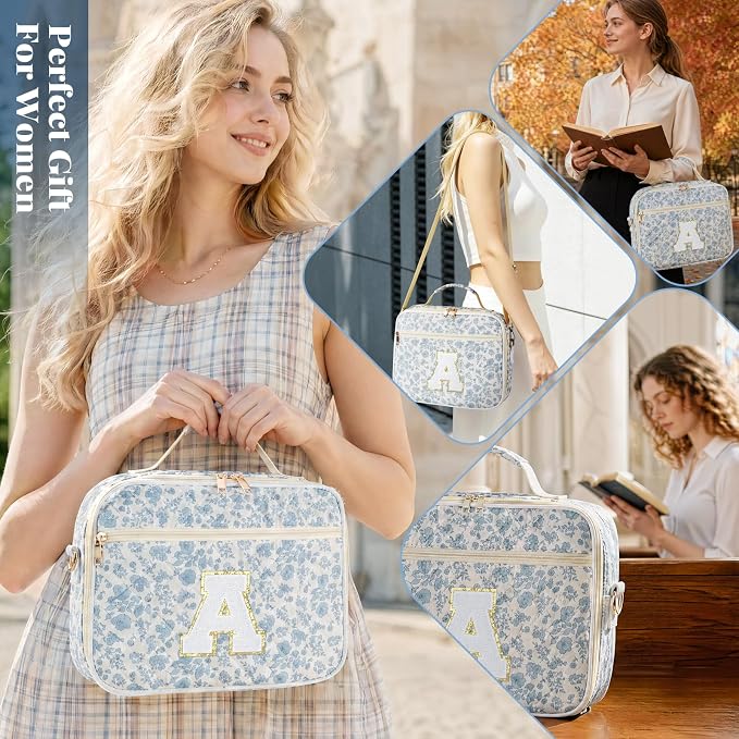 Personalized Initial Bible Cover Case for Women, Large Quilted Bible Bag with Durable Handle, Stylish Church Bag Journaling Kit with Study Supplies Accessories, Christians Gifts for Women (Blue-A)