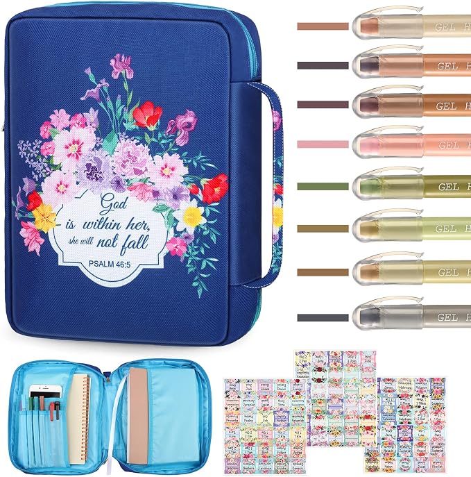 Yaomiao Bible Cover Case for Women Girls Large Bible Bag with Flowers Printing Carrying Case with Handle, 8 Pens, 90 Tabs Cover Bag Portable with Bookmarks for Study Christian Gift(Vintage Style)
