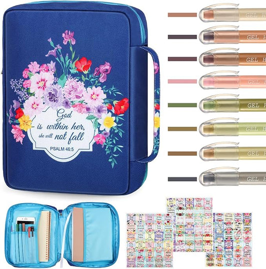Yaomiao Bible Cover Case for Women Girls Large Bible Bag with Flowers Printing Carrying Case with Handle, 8 Pens, 90 Tabs Cover Bag Portable with Bookmarks for Study Christian Gift(Vintage Style)
