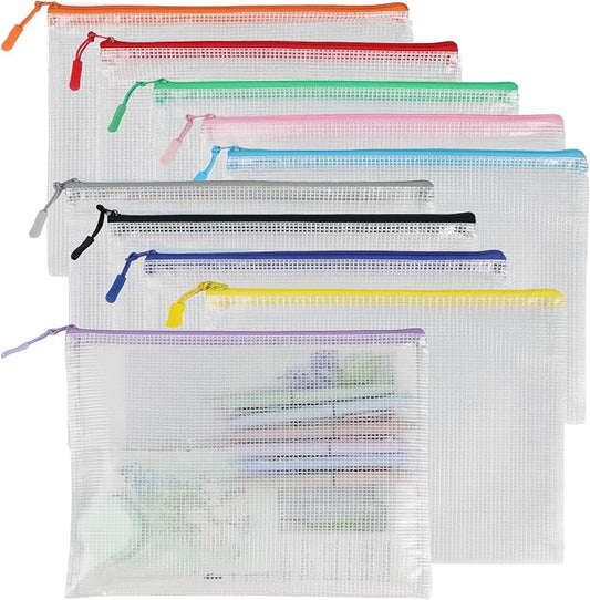 Multibey 10 Pack 10 Colors Mesh Zipper Pouch Bags, B5 Size Waterproof Plastic Zipper Pouches for Board Game Storage, Mesh Bags with Zipper for School Office Home (B5 11.4 x 8.5 inch)