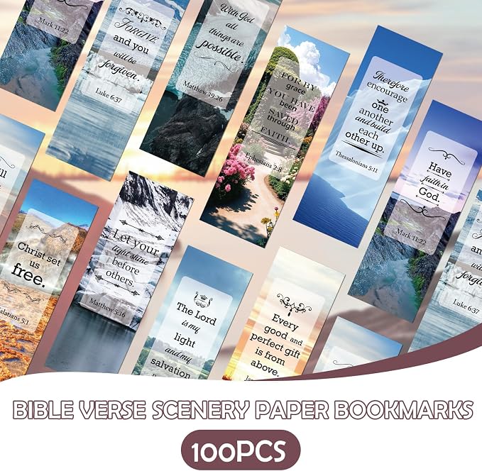 100 Pcs Christian Bookmarks, Religious Bible Verse Paper Bookmark Bulk for Women Man, Inspirational Scripture Scenery Book Mark Gift for Reading Lovers Church Accessories
