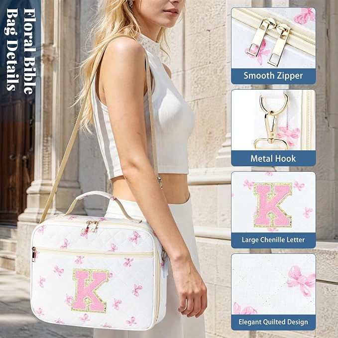 Personalized Initial Bible Cover Case for Women, Large Quilted Bible Bag with Durable Handle, Stylish Church Bag Journaling Kit with Study Supplies Accessories, Christians Gifts for Women (Pink-K)