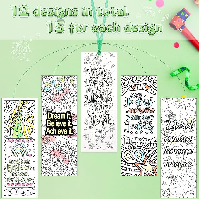 Gersoniel 180 Pieces Color Your Own Bookmark Inspirational Bookmarks for Students DIY Coloring Double-Sided Motivational Page Clip Personalized Inspirational for Kids Students Reading Activity Gift