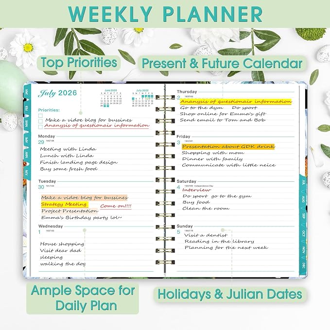 Ymumuda 2026 Planner, Daily Weekly and Monthly Planner，Jan 2026 - Dec 2026, 8.4" x 6.3", 2026 Calendar Planner Book with Tabs, Spiral Notebook with Inner Pocket for Office Home School Supplies