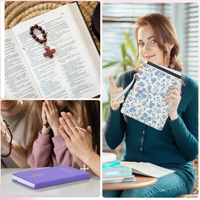 Blue Floral Quilted Bible Bag for Women, Bible Sleeve Cover with Zipper & Pen Pockets, Cute Bible Bag Book Sleeve, Washable Bible Case for Girls, Christian Gift 10x8 Inch