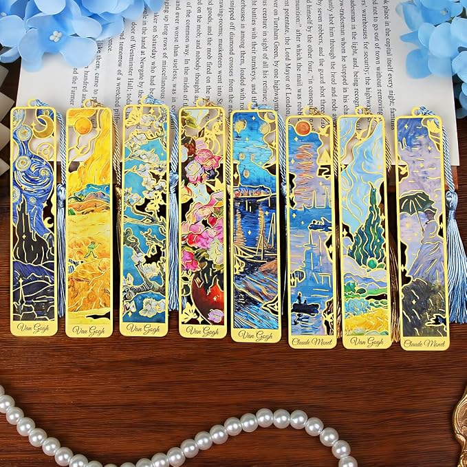 Kinsound Metal Bookmarks with Tassel, Golden Van Gogh Monet Oil Painting Theme Cute Hollow Book Markers for Reading Women, Teachers, Students, Reading Accessories Gifts for Book Lovers (Style B(8PCS))