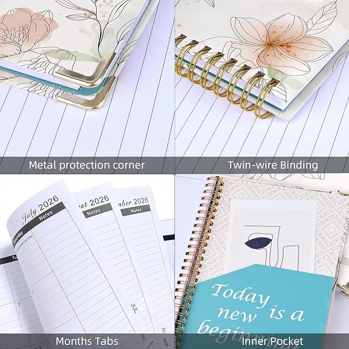 2026 Planner, Jan.2026 - Dec.2026 Planner Weekly and Monthly 6.25"x8.5" with with Page Tabs, Calendar Hardcover with Inner Pocket, Elastic Band, Twin-Wire Binding, Bookmark, Flower