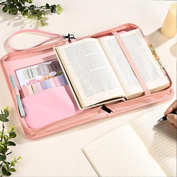 Bible Cover Case for Women Pink Leather Floral Bible Storage Bag with Highlighters Tabs for Girls Bible Study Supplies Accessories Christian Gifts