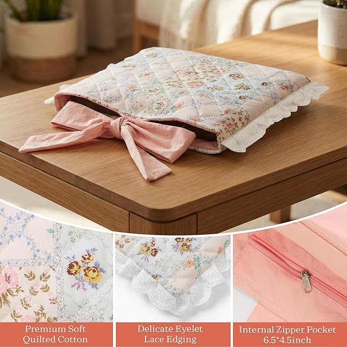 Vintage Spliced Floral Quilted Bible Cover for Women – Fits Standard Size Bibles Padded Protector Washable Cotton Case with Elegant Lace Trim & Bow Handle– Includes Interior Zipper Pocket